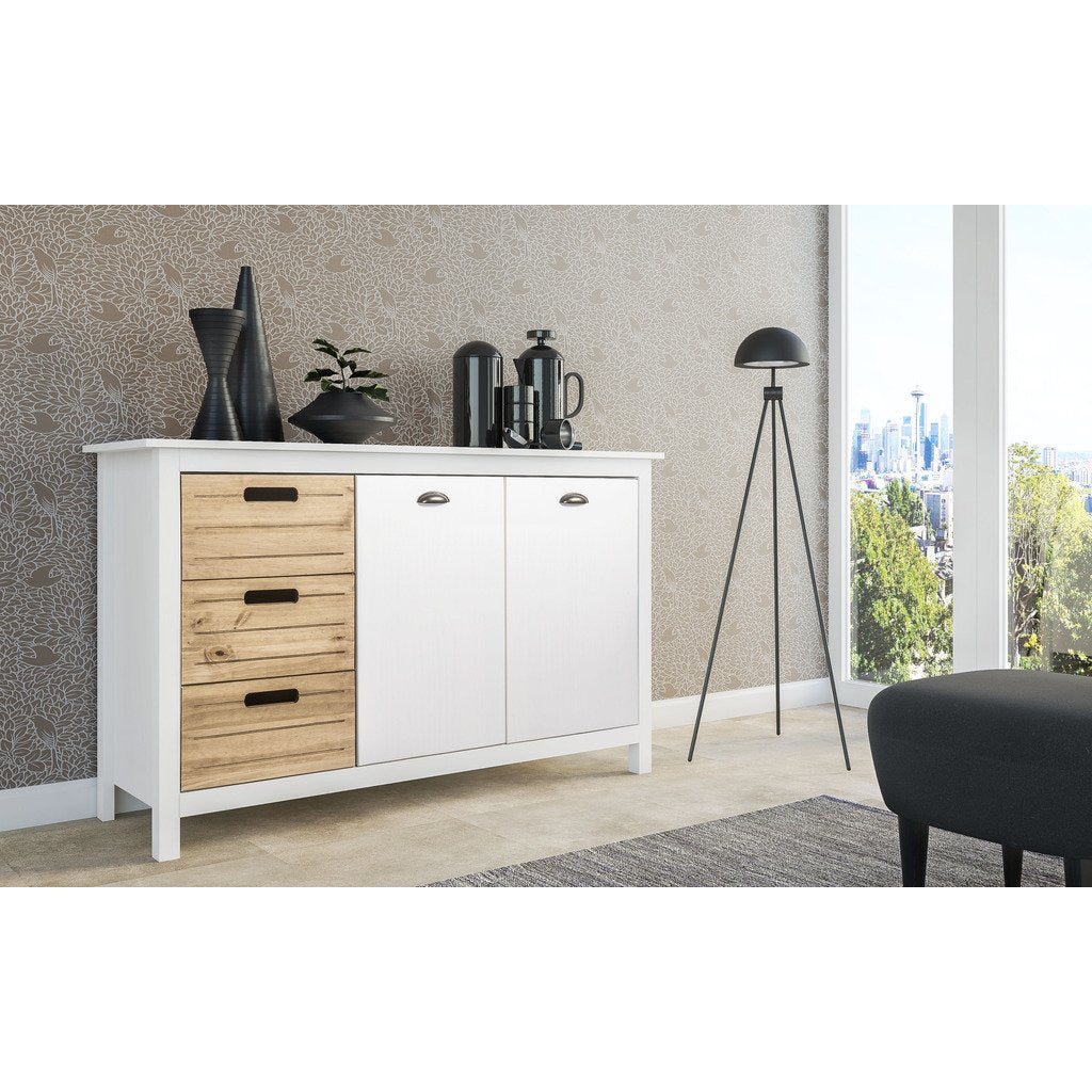 Manhattan Comfort Mid-Century Modern-Rustic  3-Drawer Irving 51.18" Dresser Cabinet 4.0 in White and Natural Wood