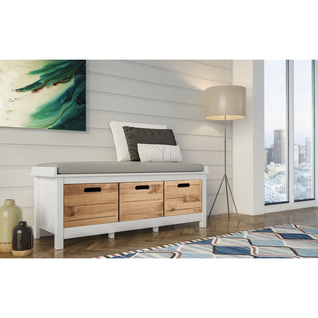 Manhattan Comfort Mid-Century Modern-Rustic  3-Drawer Irving Storage Bench Entryway 1.0 in White and Natural Wood