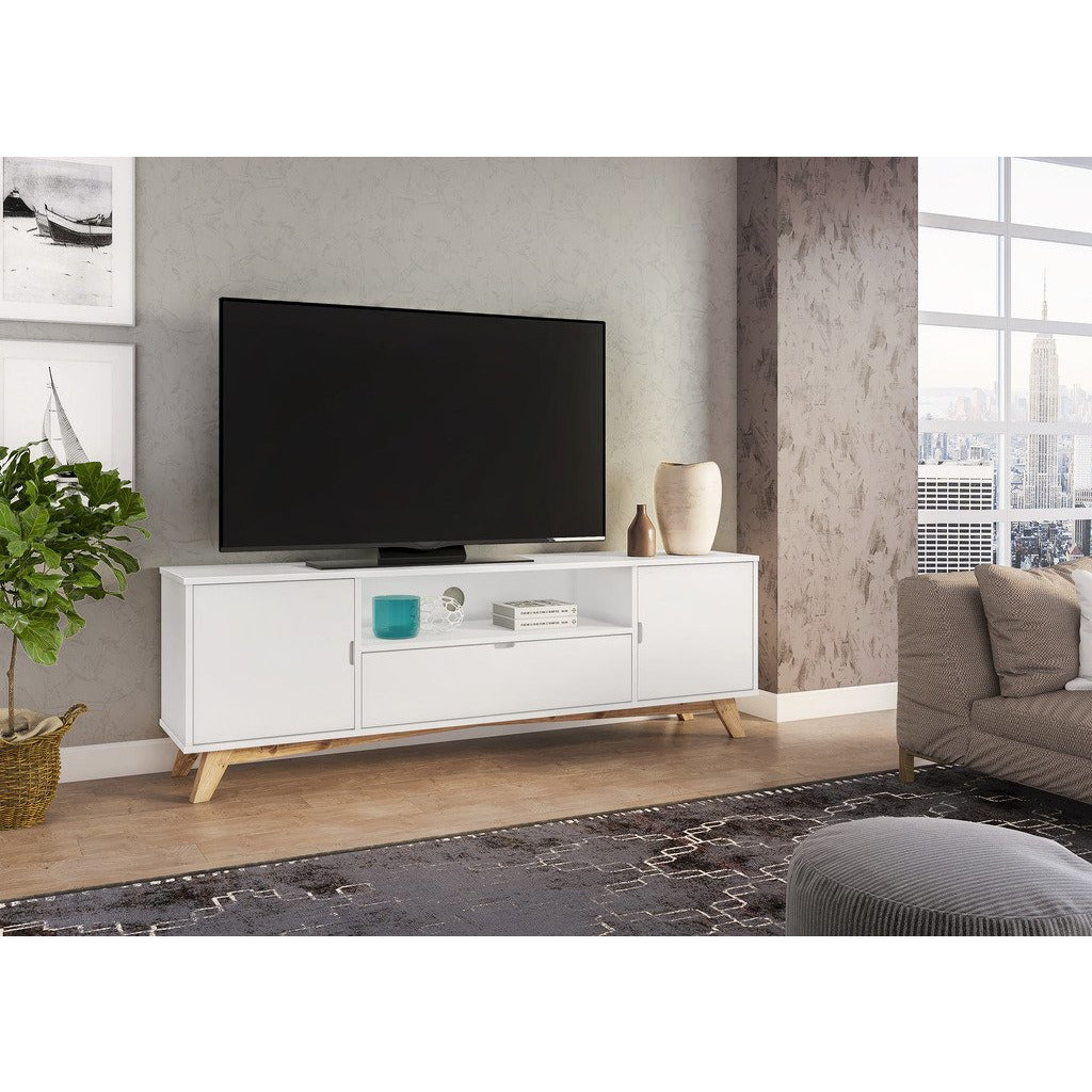 Manhattan Comfort Modern 1-Drawer Glenmore 62.99" Tv Stand in White and Natural Wood