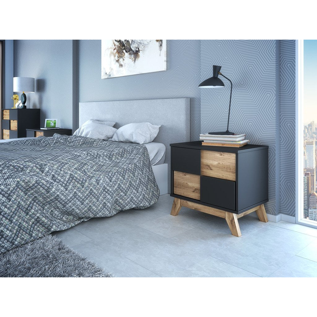 Manhattan Comfort Mid- Century Rustic Modern Livonia 2-Drawer Nightstand in Dark Grey and Natural Wood