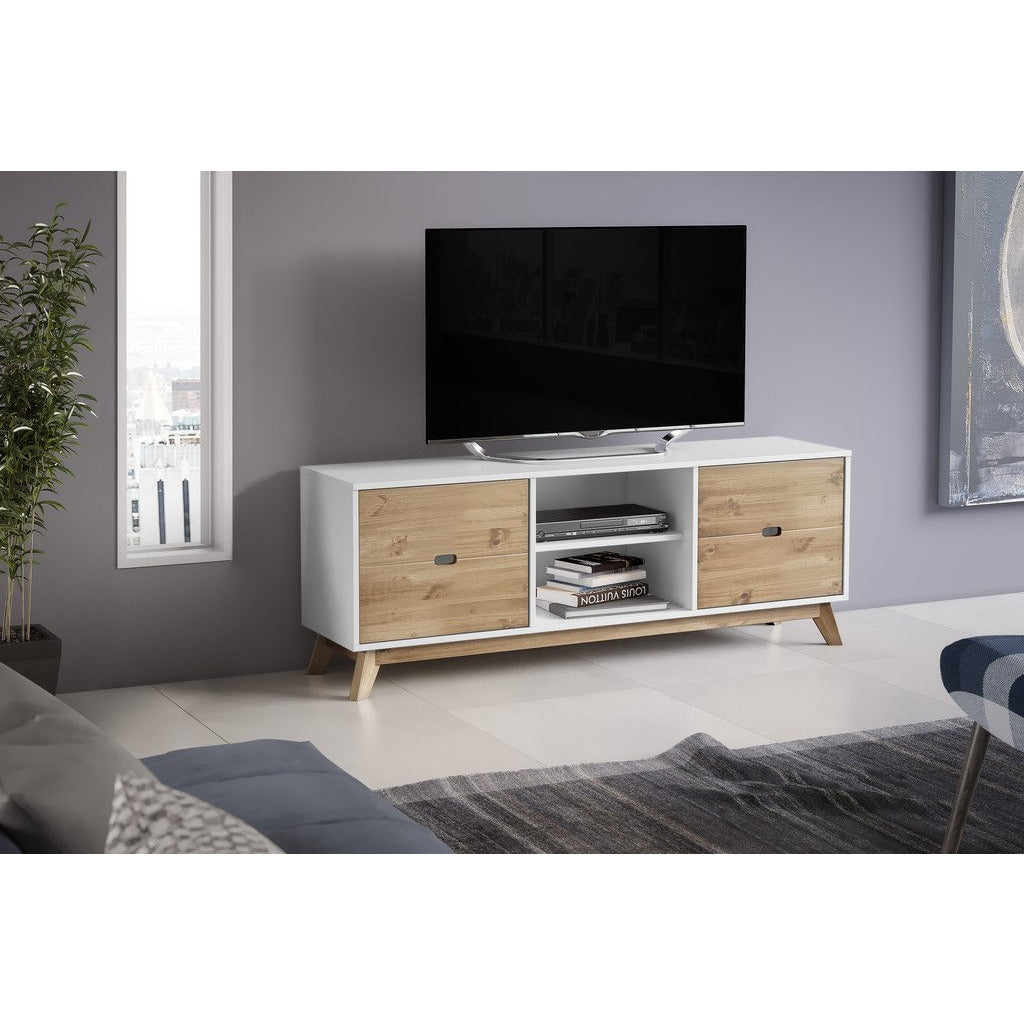 Manhattan Comfort Mid- Century Modern Vandalia 55.11" TV Stand 2.0 with Natural Wood Doors in White