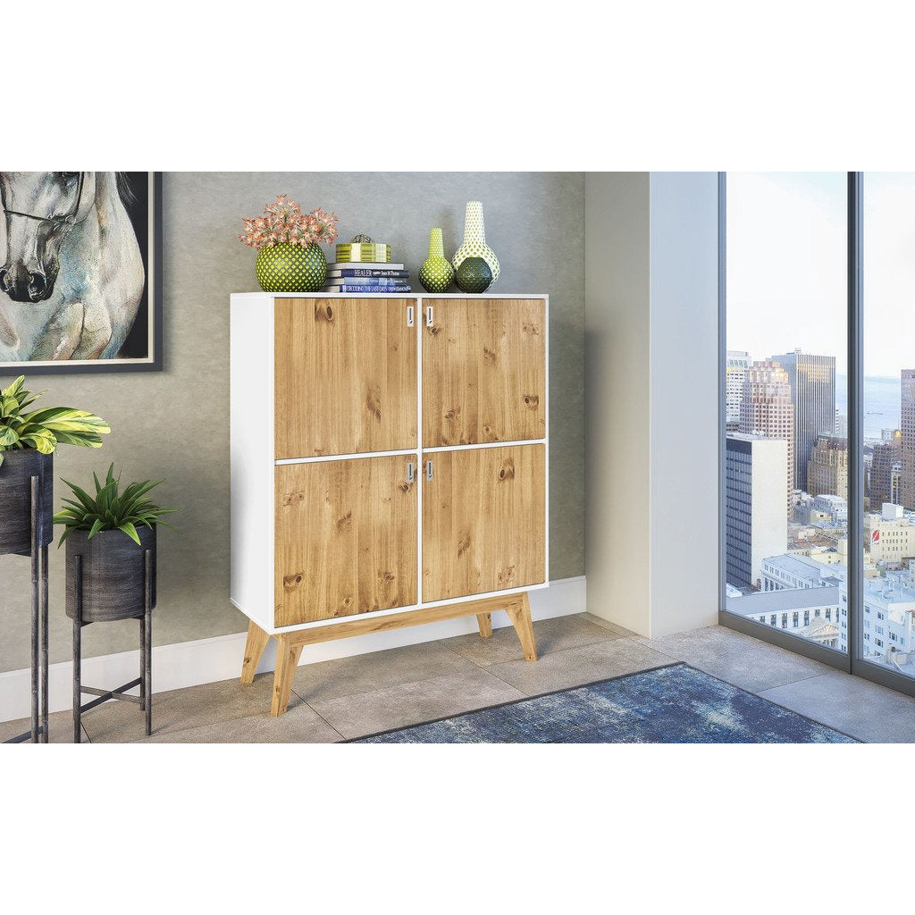 Manhattan Comfort Rustic Mid-Century Modern Jackie 49.4" High Dresser Cabinet in White and Natural Wood