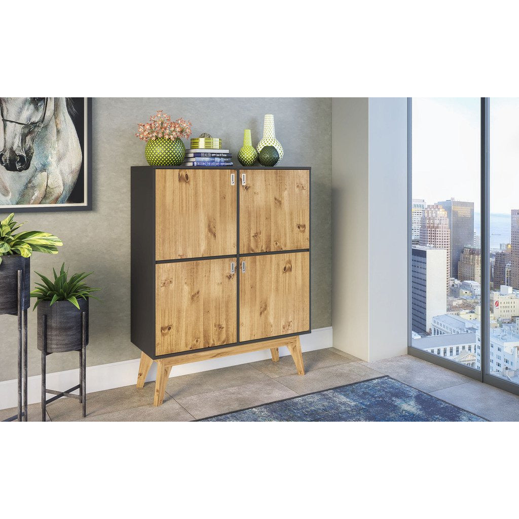 Manhattan Comfort Rustic Mid-Century Modern Jackie 49.4" High Dresser Cabinet in Dark Grey and Natural Wood