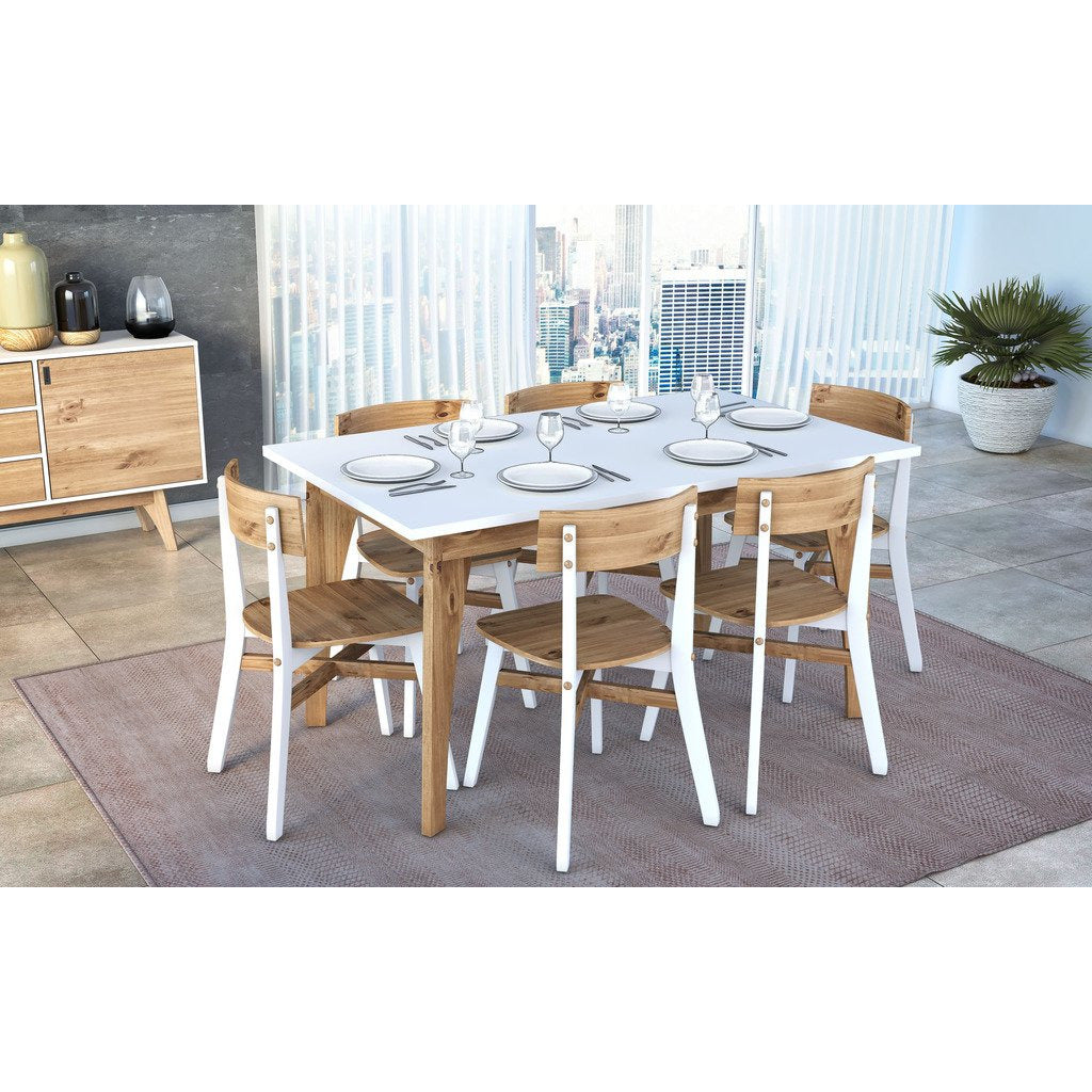 Manhattan Comfort Rustic Mid-Century Modern Jackie 6-Seating Dining Table  in White and Natural Wood
