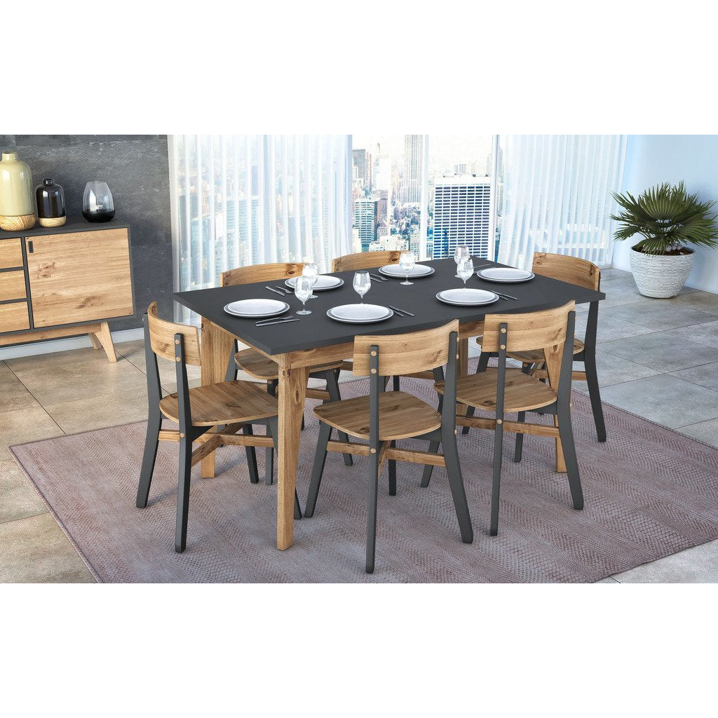 Manhattan Comfort Rustic Mid-Century Modern Jackie 6-Seating Dining Table  in Dark Grey and Natural Wood