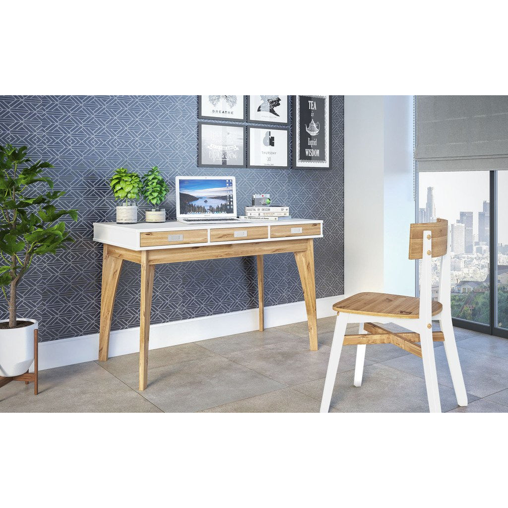 Manhattan Comfort Rustic Mid-Century Modern 3-Drawer Jackie Home Office Desk  in White and Natural Wood