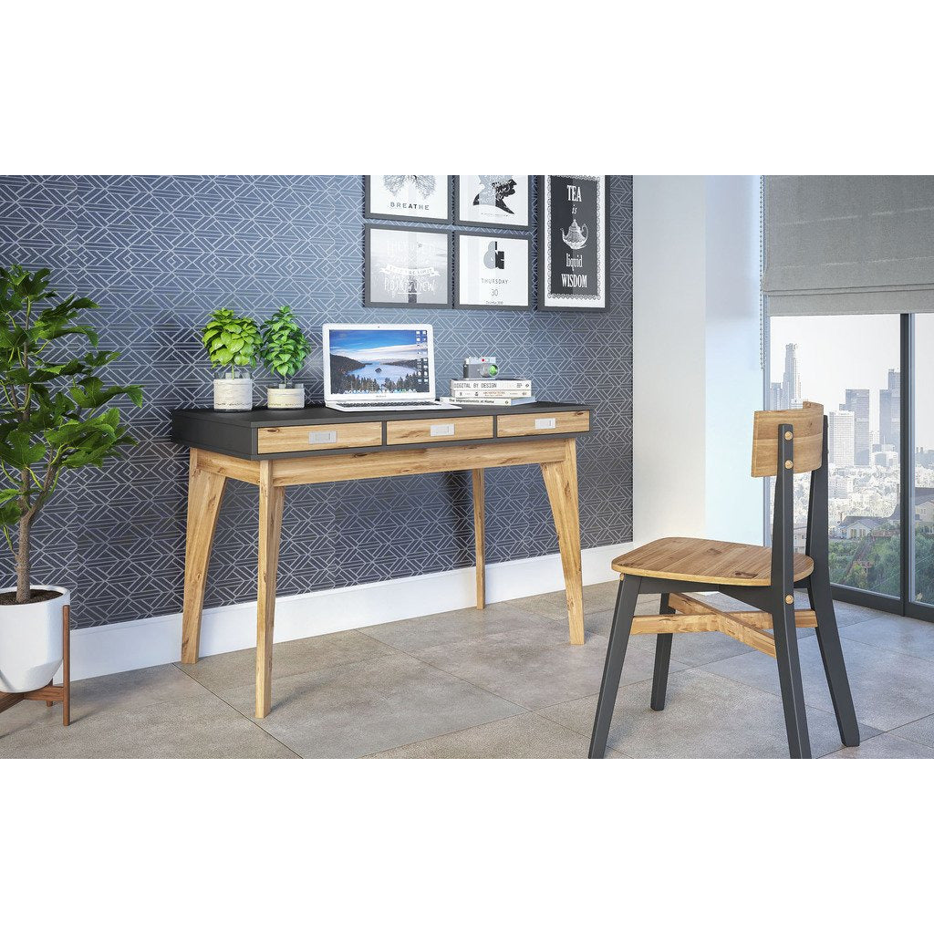 Manhattan Comfort Rustic Mid-Century Modern 3-Drawer Jackie Home Office Desk in Dark Grey and Natural Wood