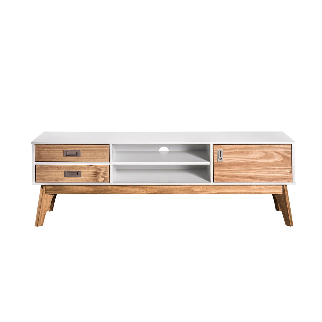 Manhattan Comfort Rustic Mid-Century Modern 3-Drawer Jackie 59.05" TV Stand in White and Natural Wood