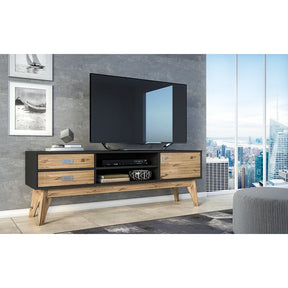 Manhattan Comfort Rustic Mid-Century Modern 3-Drawer Jackie 59.05" TV Stand in Dark Grey and Natural Wood