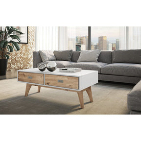 Manhattan Comfort Rustic Mid-Century Modern 2-Drawer Jackie 1.0 Coffee Table  in White and Natural Wood