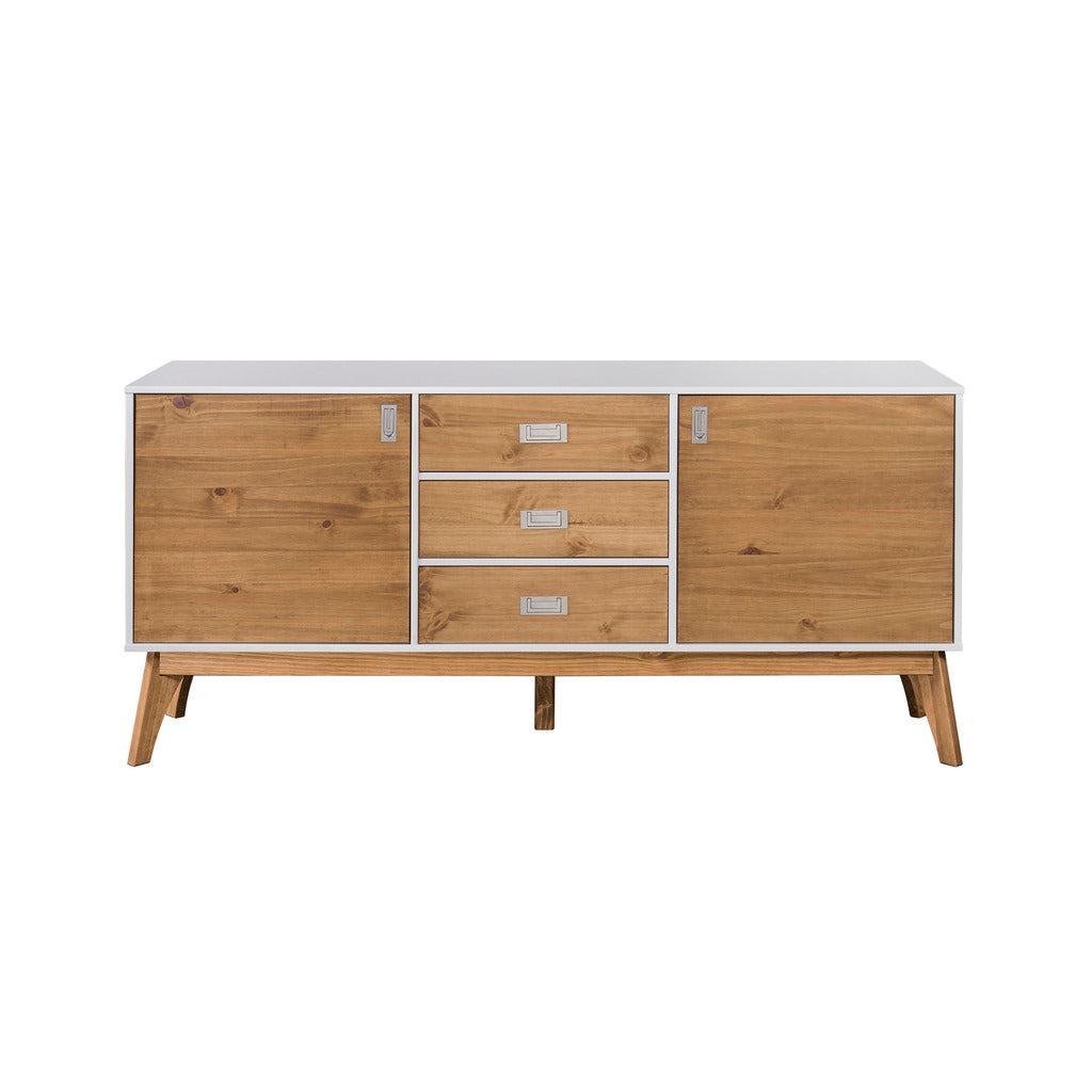 Manhattan Comfort Rustic Mid-Century Modern 3-Drawer Jackie 66.92" Sideboard in White and Natural Wood