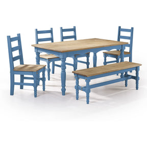 Manhattan Comfort Jay 6-Piece Solid Wood Dining Set with 1 Bench, 4 Chairs, and 1 Table in Blue Wash-Minimal & Modern