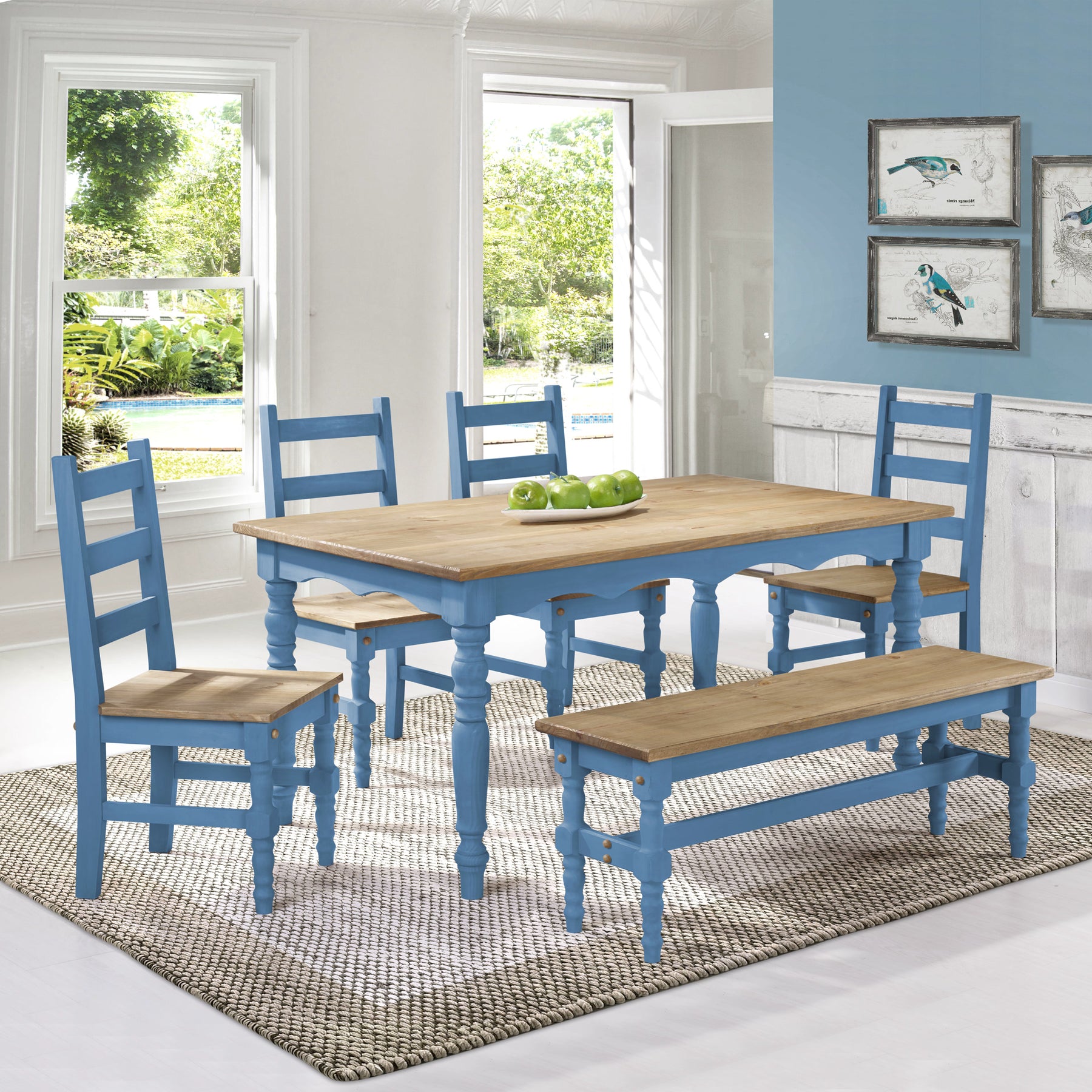 Manhattan Comfort Jay 6-Piece Solid Wood Dining Set with 1 Bench, 4 Chairs, and 1 Table in Blue Wash-Minimal & Modern