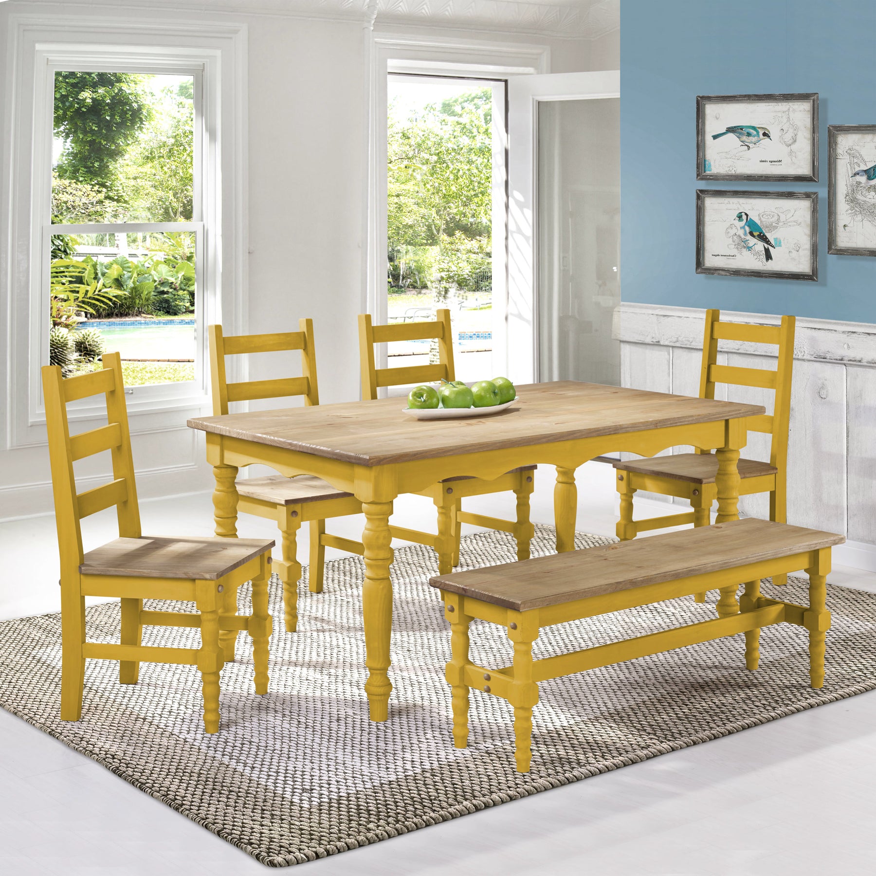 Manhattan Comfort Jay 6-Piece Solid Wood Dining Set with 1 Bench, 4 Chairs, and 1 Table in Yellow Wash-Minimal & Modern