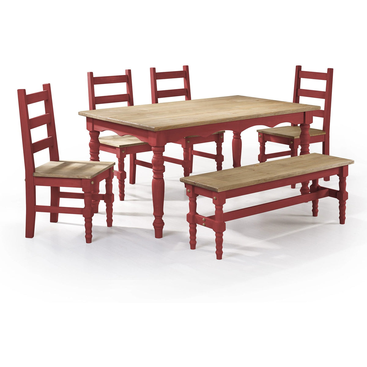 Manhattan Comfort Jay 6-Piece Solid Wood Dining Set with 1 Bench, 4 Chairs, and 1 Table in Red Wash-Minimal & Modern
