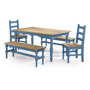 Manhattan Comfort Jay 5-Piece Solid Wood Dining Set with 2 Benches, 2 Chairs, and 1 Table in Blue Wash-Minimal & Modern