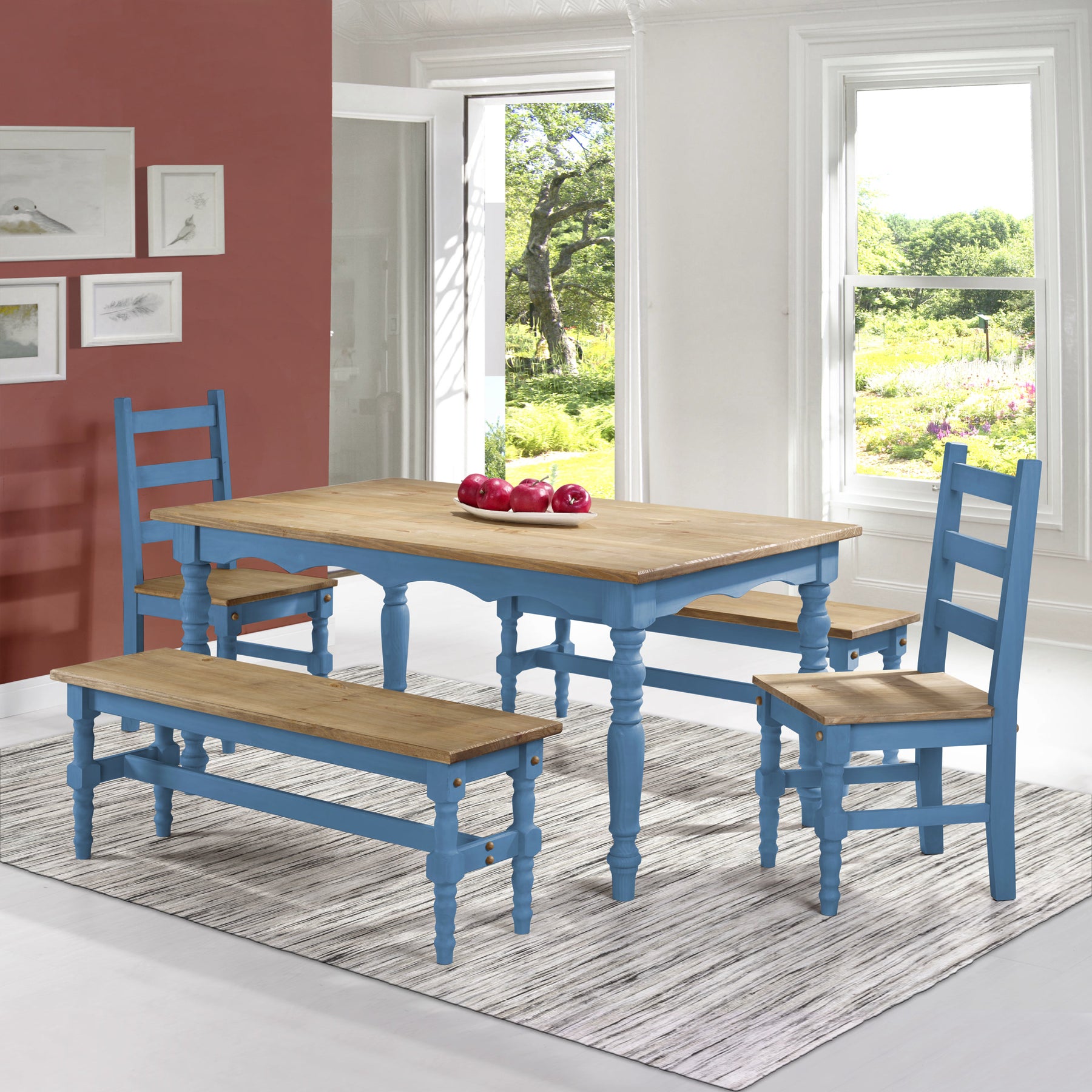 Manhattan Comfort Jay 5-Piece Solid Wood Dining Set with 2 Benches, 2 Chairs, and 1 Table in Blue Wash-Minimal & Modern