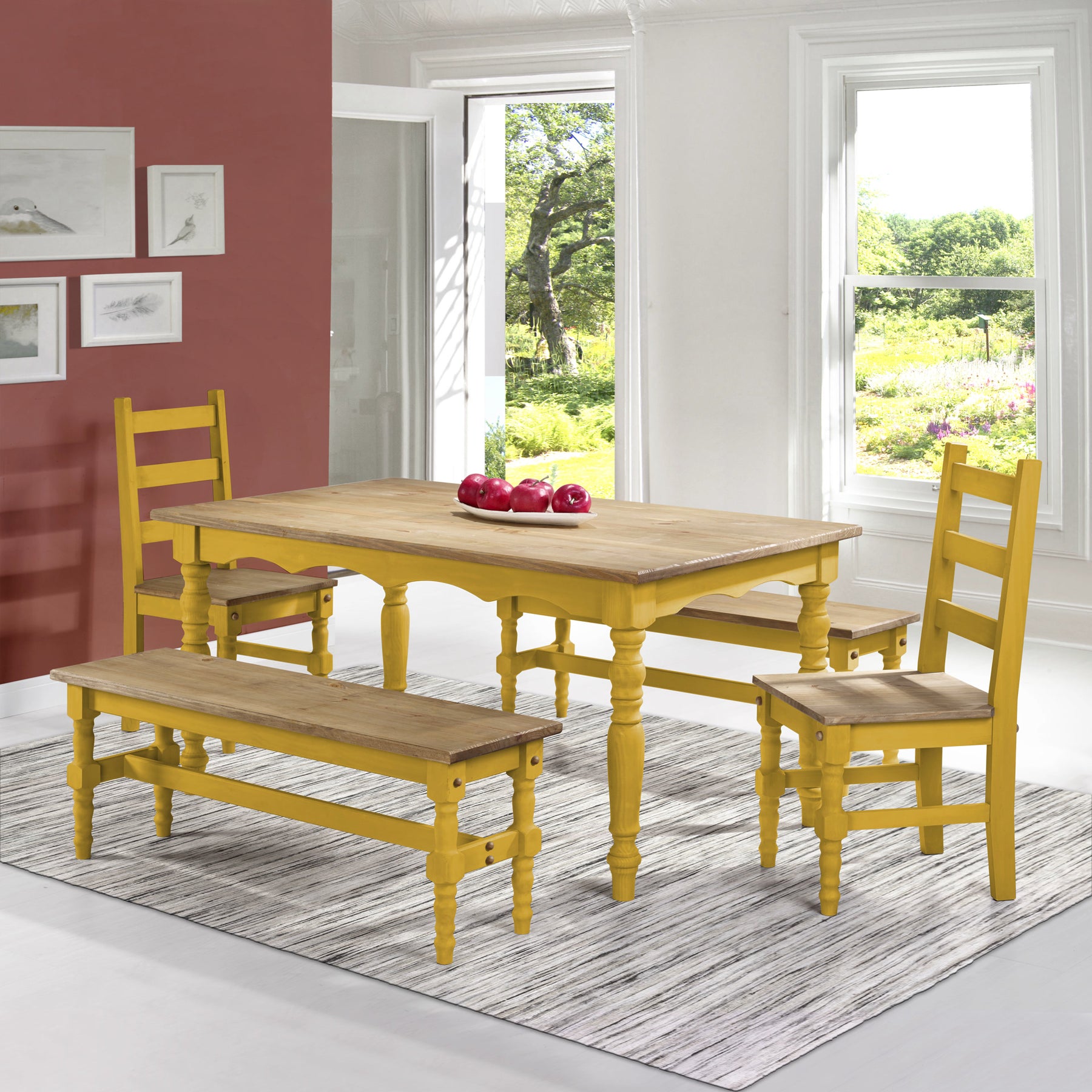 Manhattan Comfort Jay 5-Piece Solid Wood Dining Set with 2 Benches, 2 Chairs, and 1 Table in Yellow Wash-Minimal & Modern