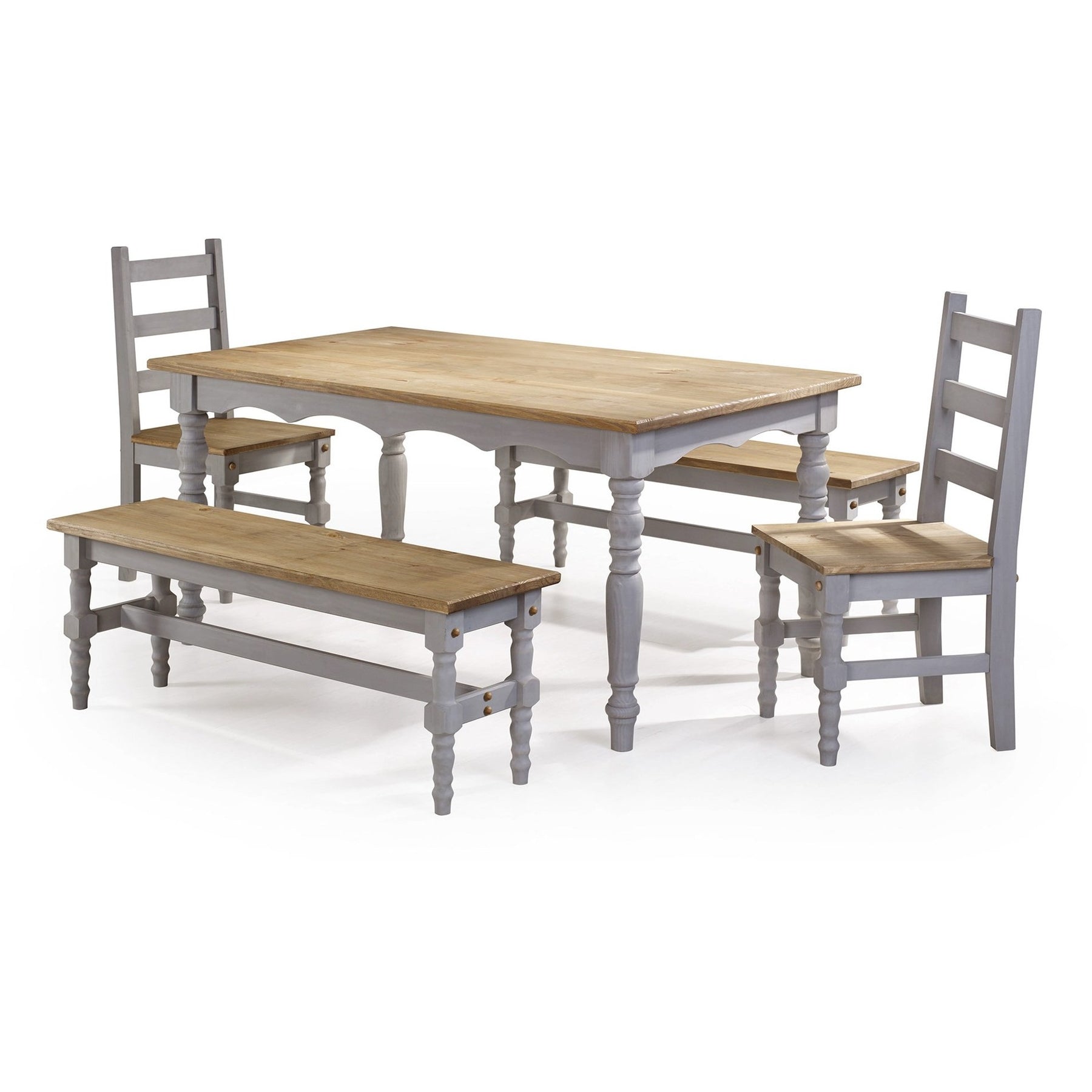 Manhattan Comfort Jay 5-Piece Solid Wood Dining Set with 2 Benches, 2 Chairs, and 1 Table in Gray Wash-Minimal & Modern