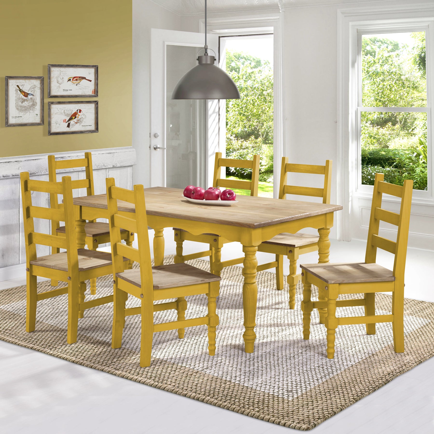Manhattan Comfort Jay 7-Piece Solid Wood Dining Set with 6 Chairs and 1 Table in Yellow Wash-Minimal & Modern