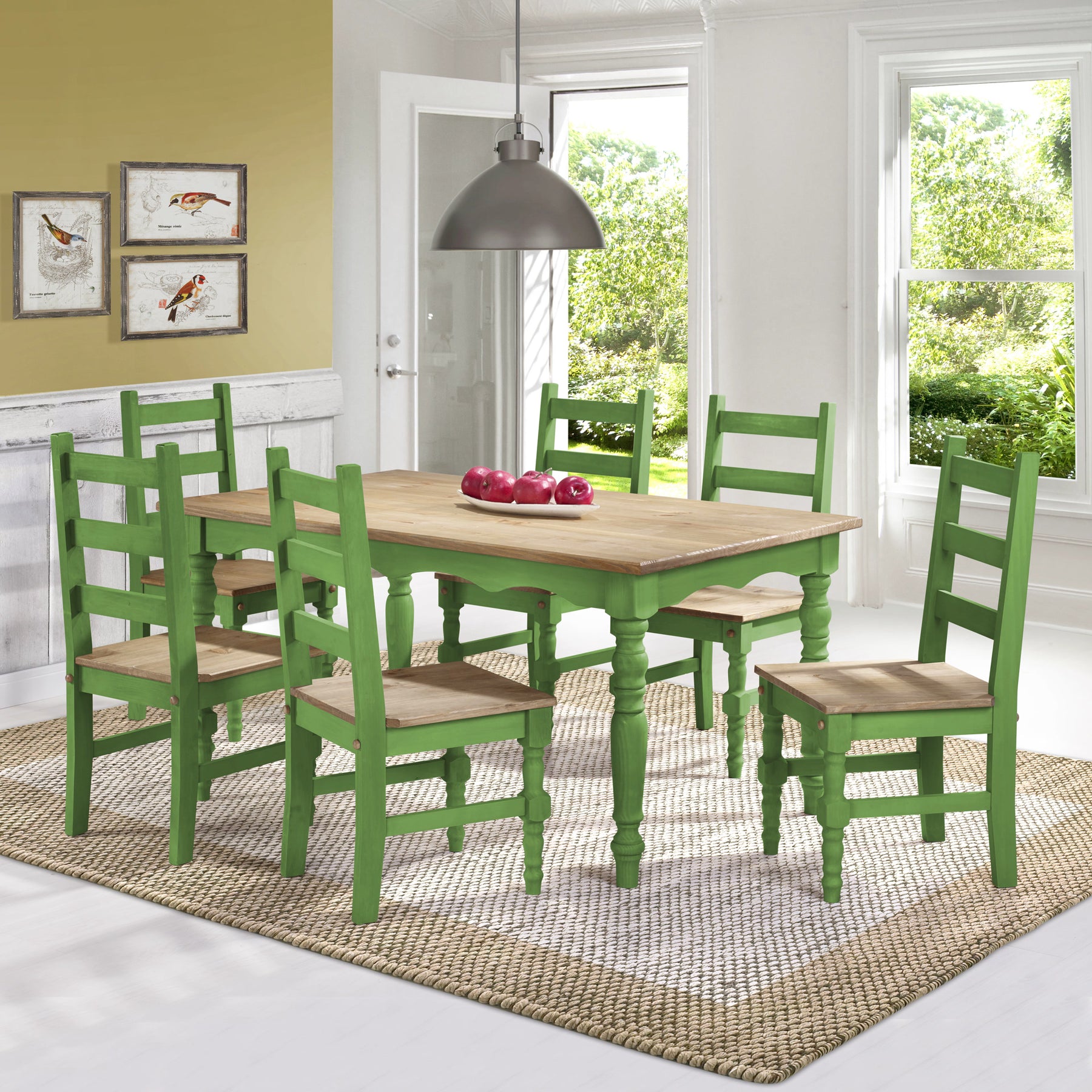 Manhattan Comfort Jay 7-Piece Solid Wood Dining Set with 6 Chairs and 1 Table in Green Wash-Minimal & Modern