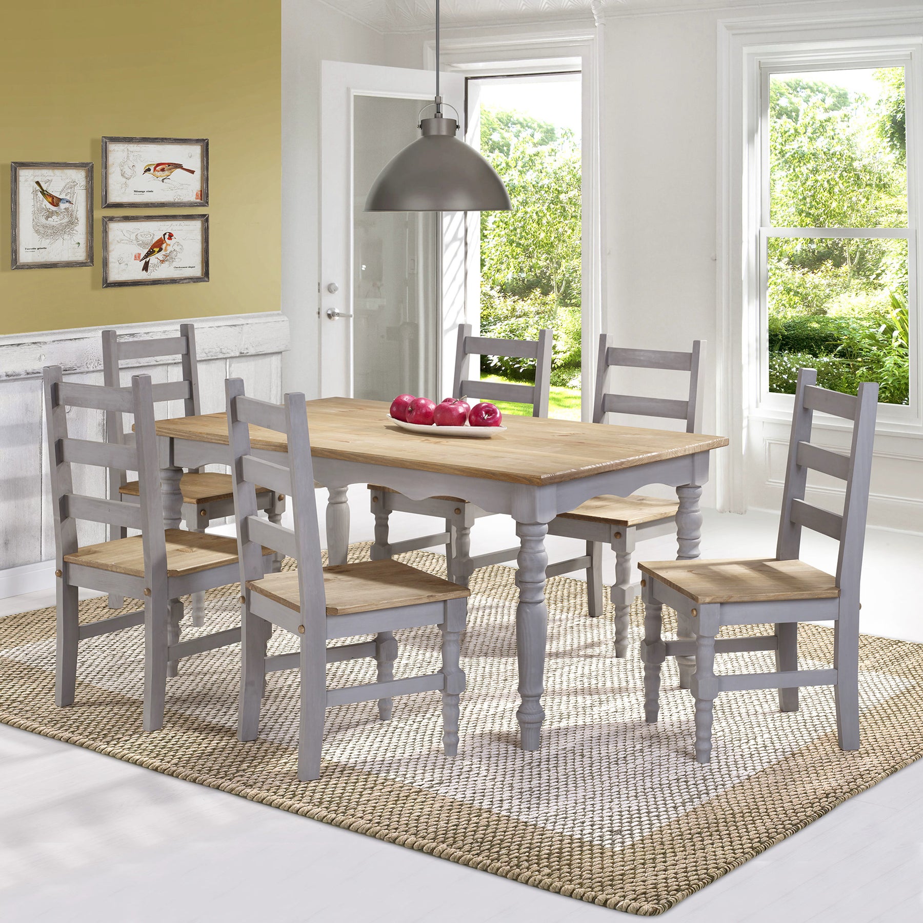 Manhattan Comfort Jay 7-Piece Solid Wood Dining Set with 6 Chairs and 1 Table in Gray Wash-Minimal & Modern