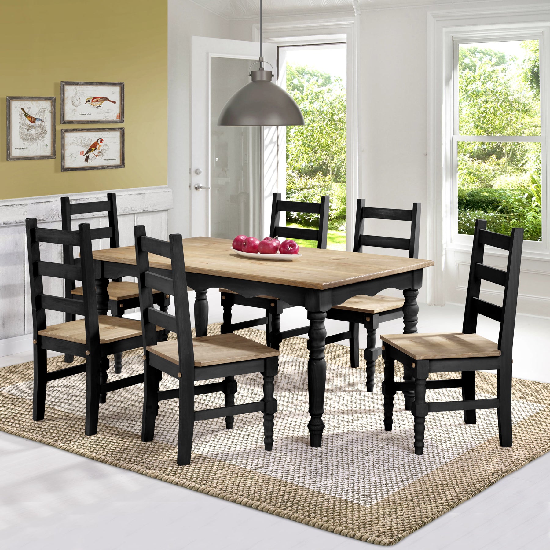 Manhattan Comfort Jay 7-Piece Solid Wood Dining Set with 6 Chairs and 1 Table in Black Wash-Minimal & Modern