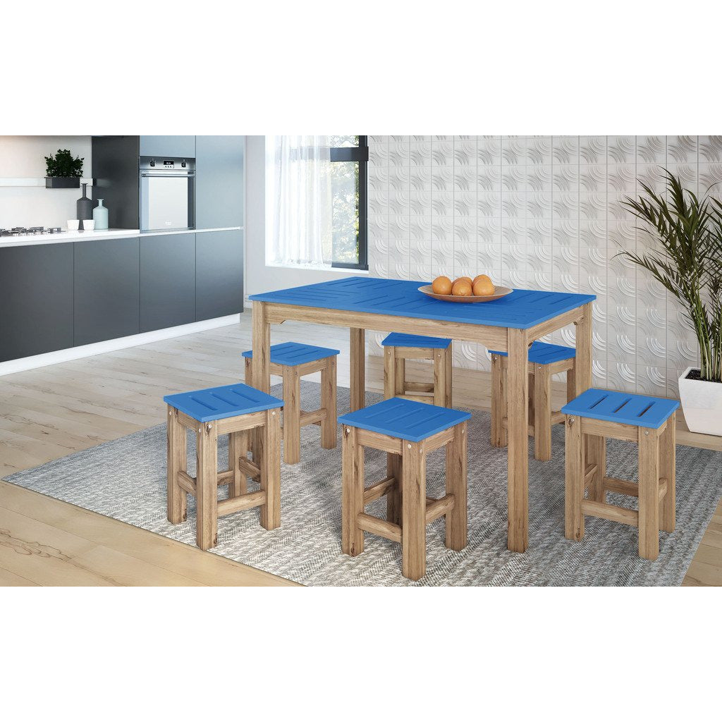 Manhattan Comfort 7-Piece Stillwell 47.25" Rectangle Dining Set  in Blue and Natural Wood