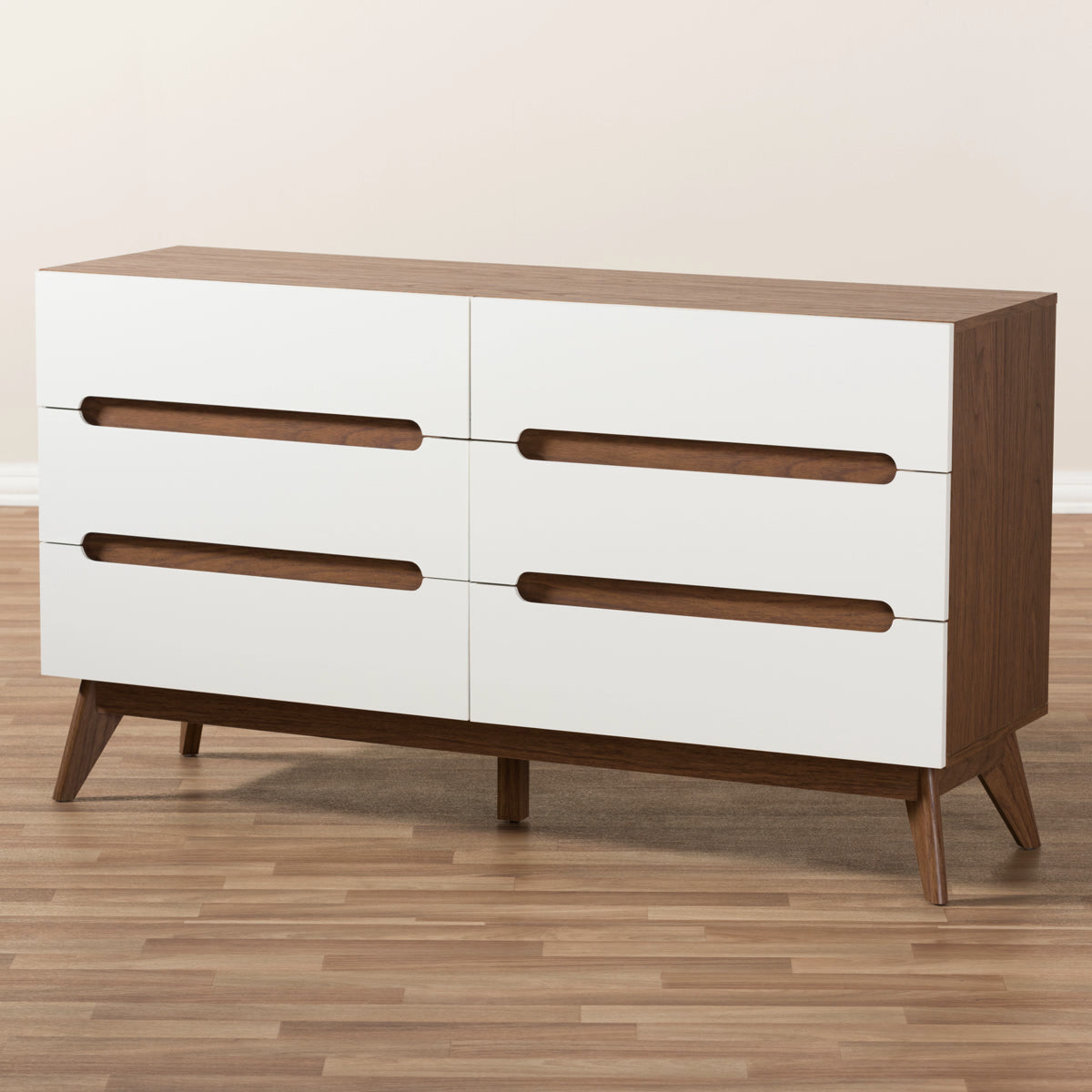 Baxton Studio Calypso Mid-Century Modern White and Walnut Wood 6-Drawer Storage Dresser Baxton Studio-Dresser-Minimal And Modern - 7