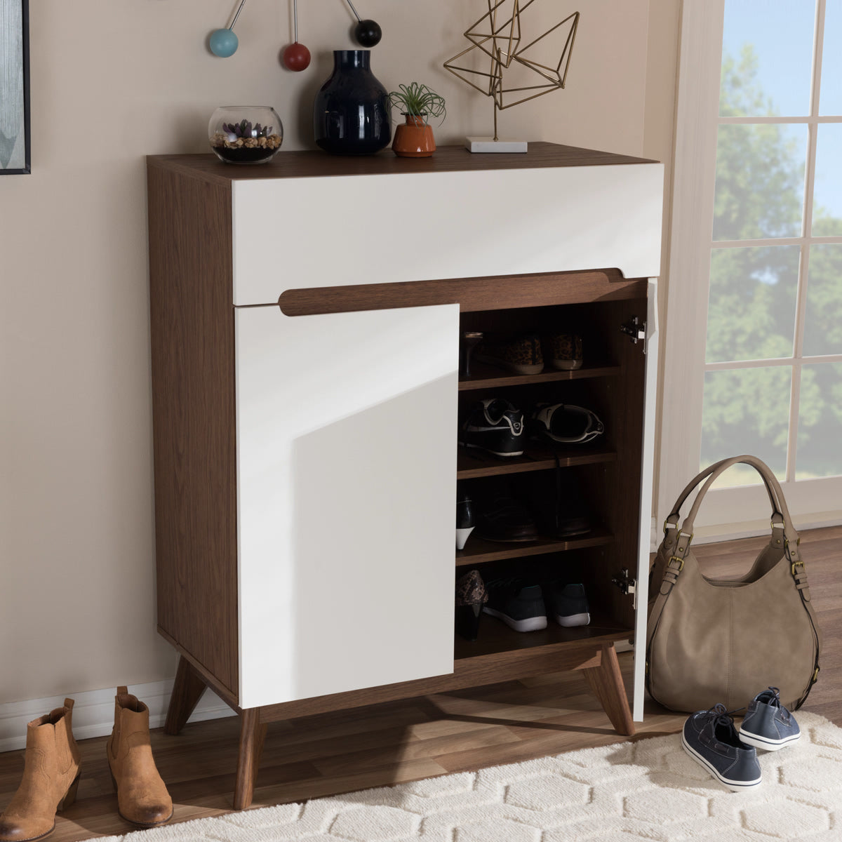 Baxton Studio Calypso Mid-Century Modern White and Walnut Wood Storage Shoe Cabinet Baxton Studio--Minimal And Modern - 1