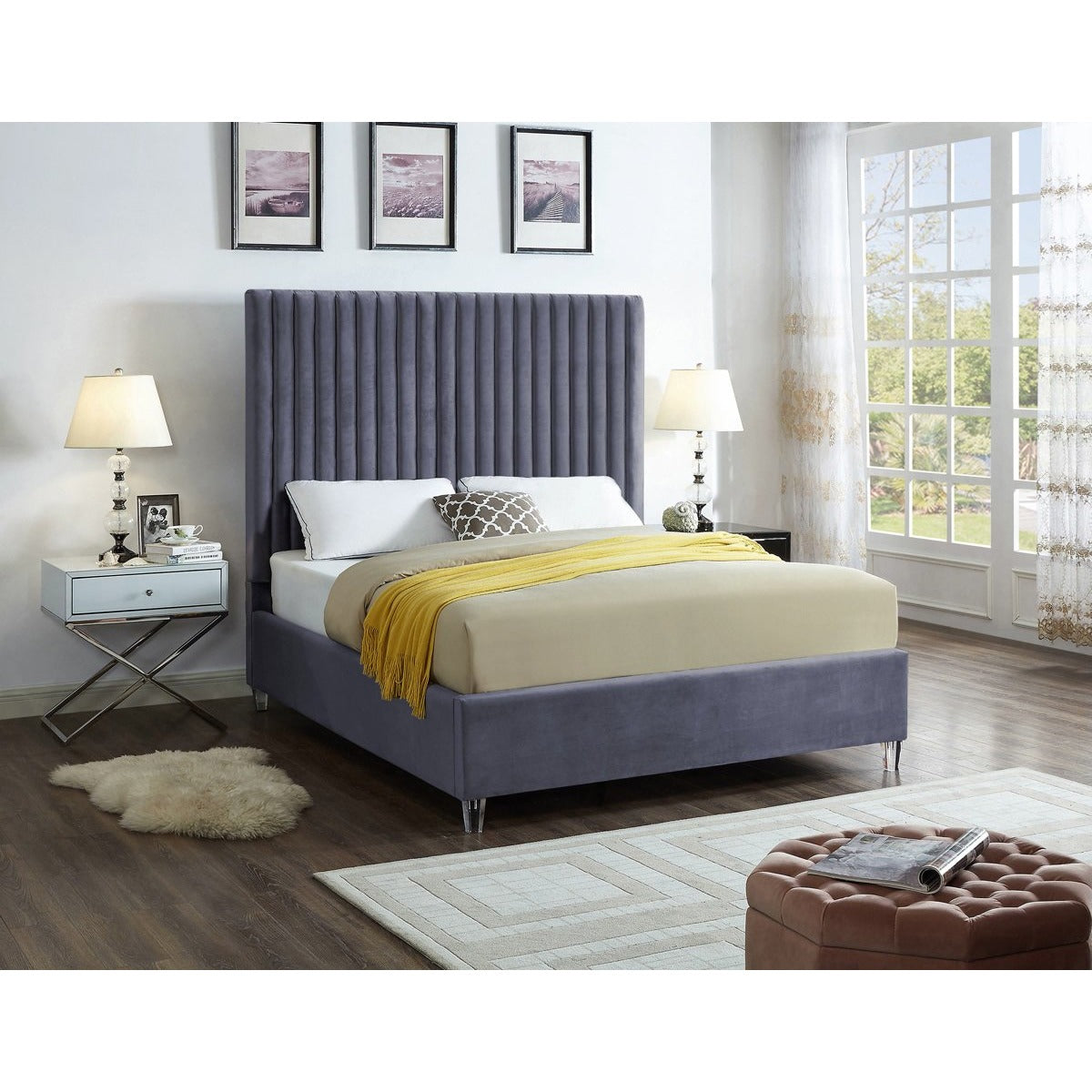 Meridian Furniture Candace Grey Velvet Full Bed-Minimal & Modern