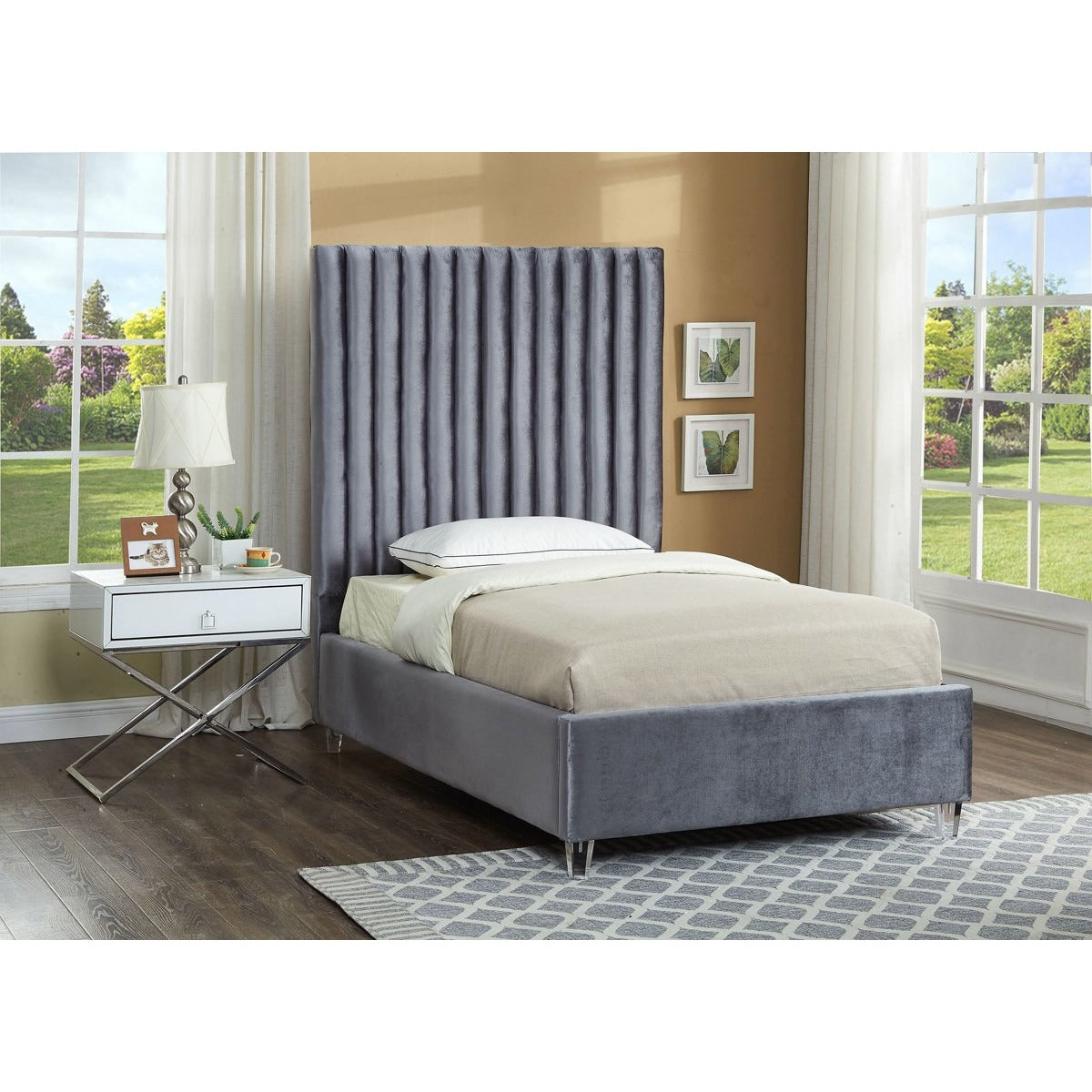 Meridian Furniture Candace Grey Velvet Twin Bed-Minimal & Modern
