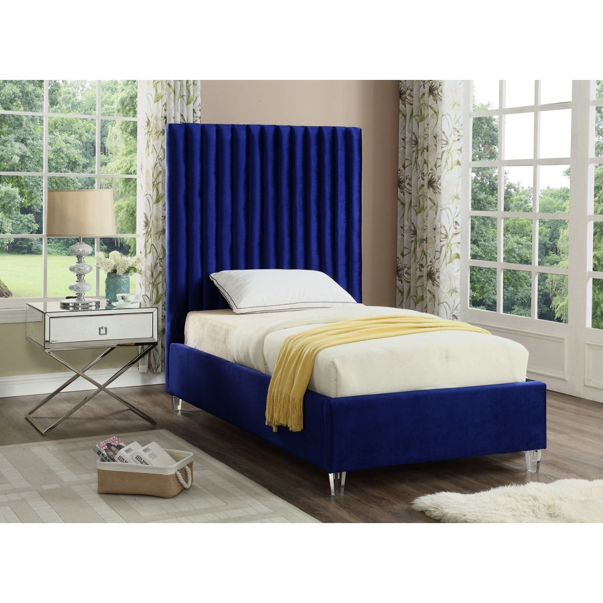 Meridian Furniture Candace Navy Velvet Twin Bed-Minimal & Modern