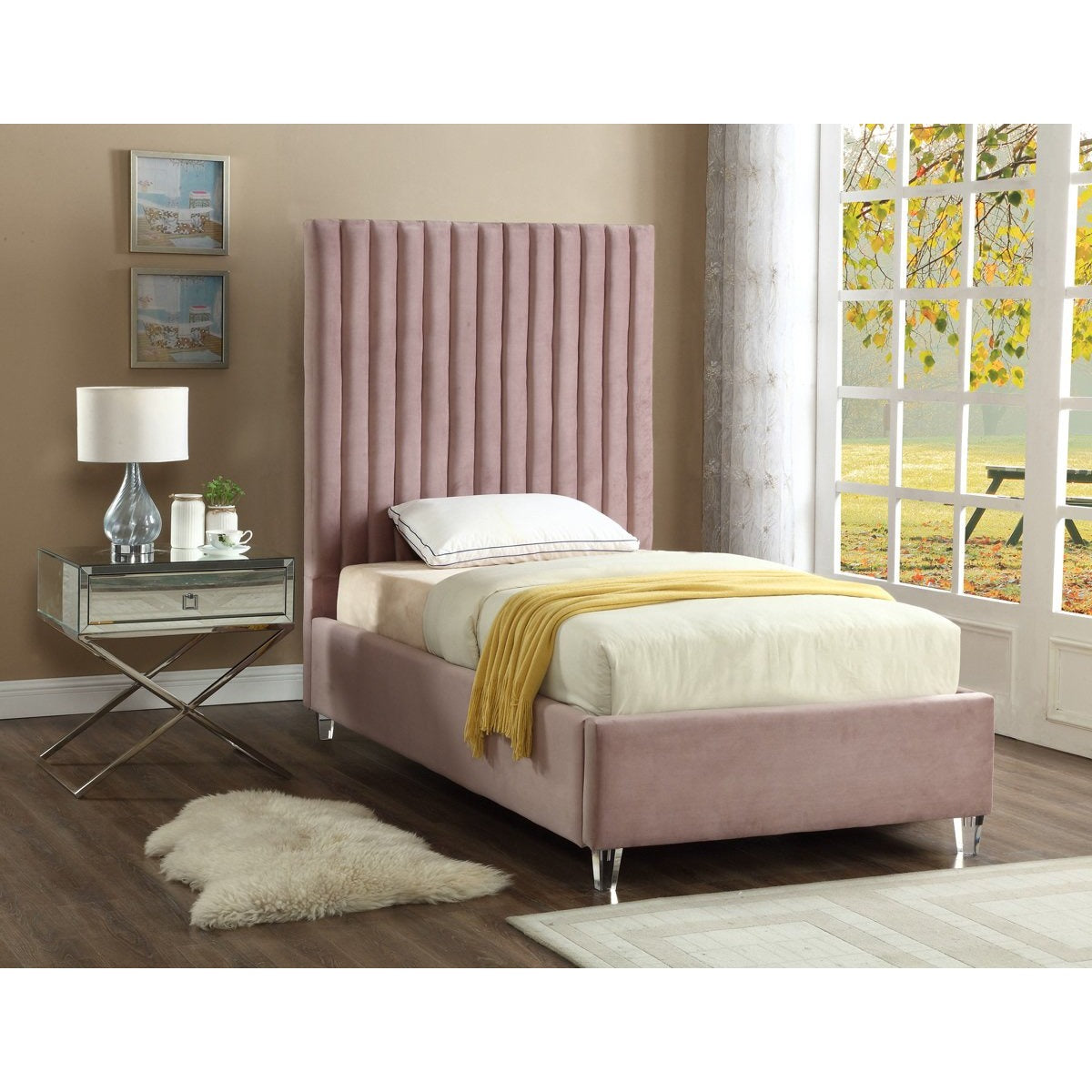 Meridian Furniture Candace Pink Velvet Twin Bed-Minimal & Modern