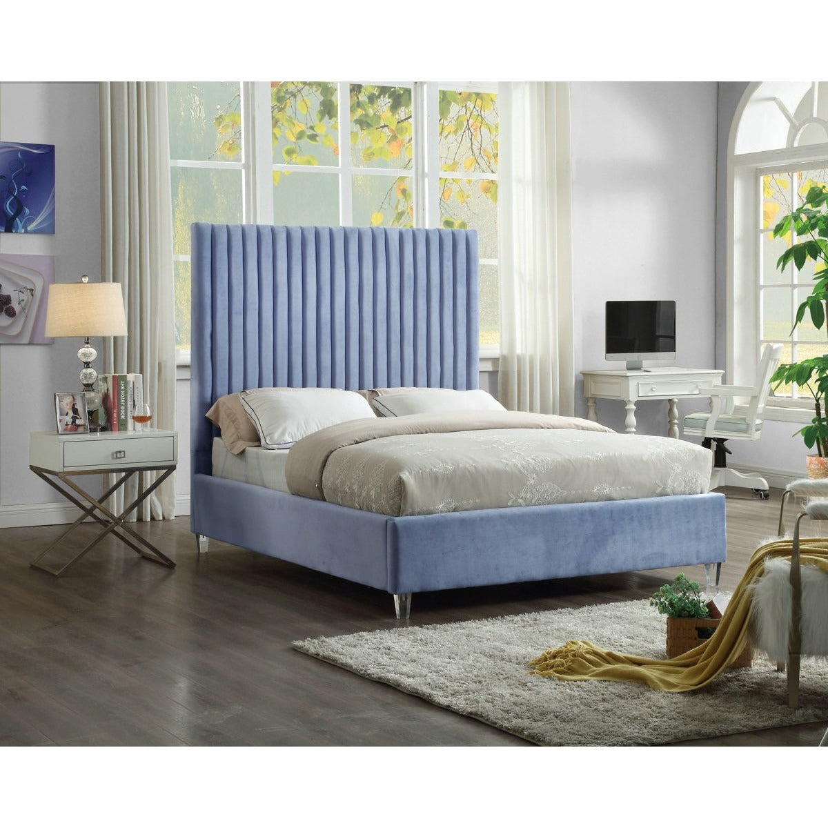 Meridian Furniture Candace Sky Blue Velvet King Bed-Minimal & Modern
