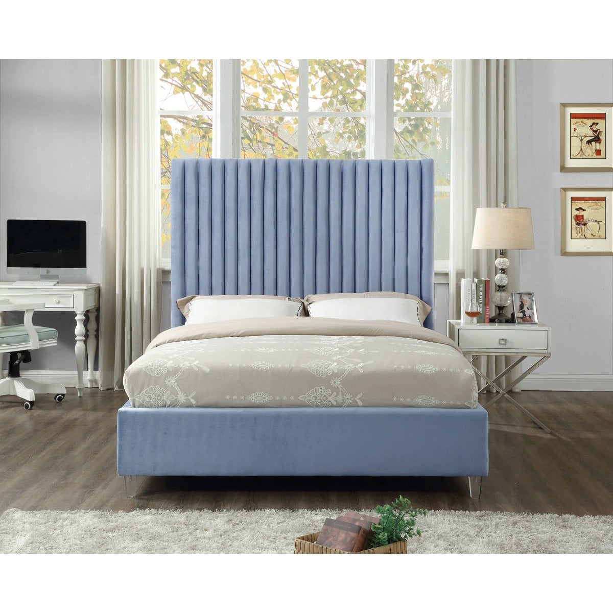 Meridian Furniture Candace Sky Blue Velvet Queen Bed-Minimal & Modern