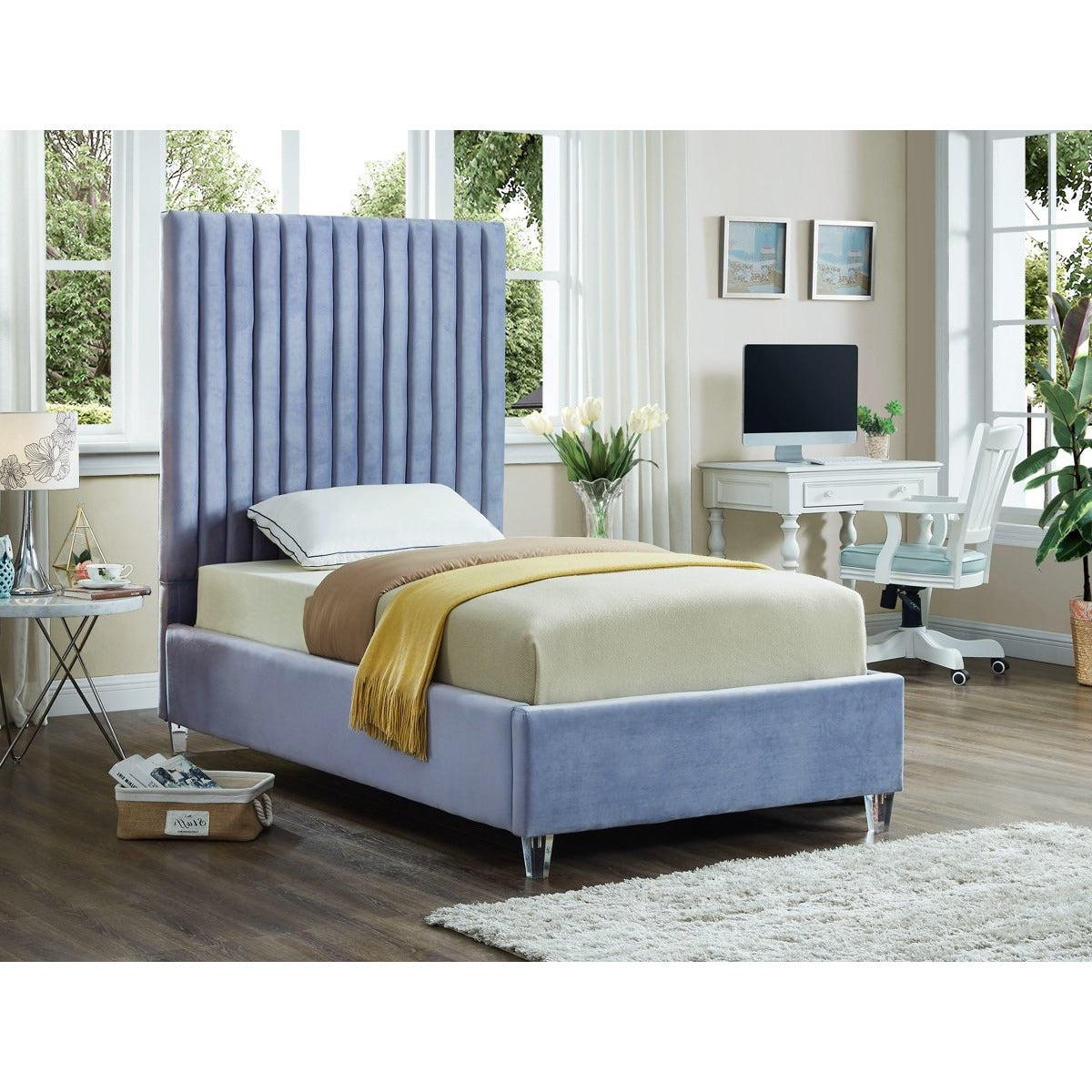 Meridian Furniture Candace Sky Blue Velvet Twin Bed-Minimal & Modern
