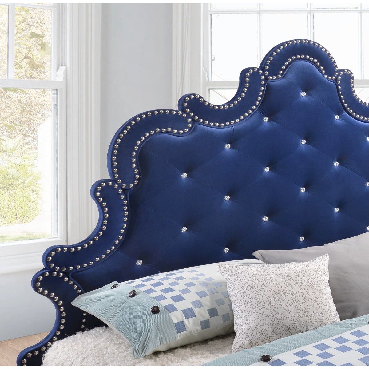 Meridian Furniture Caroline Navy Velvet King Bed (3 Boxes)