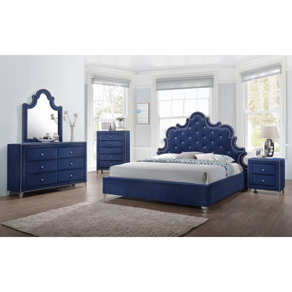 Meridian Furniture Caroline Navy Velvet Queen Bed (3 Boxes)