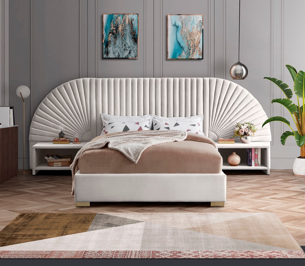 Meridian Furniture Cleo Cream Velvet King Bed (3 Boxes)
