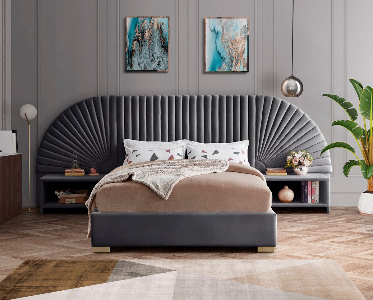 Meridian Furniture Cleo Grey Velvet Queen Bed (3 Boxes)