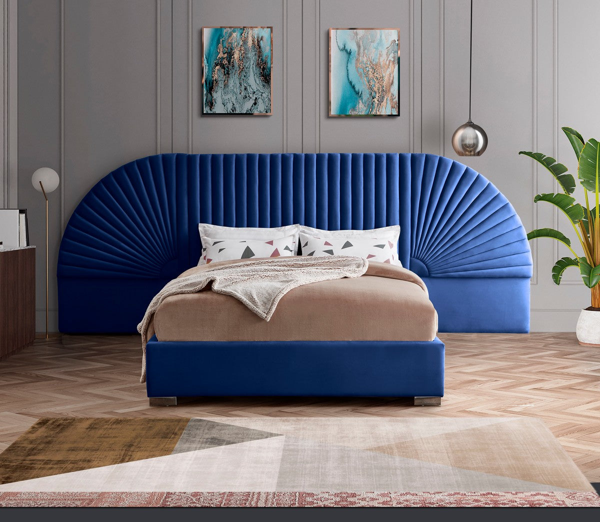 Meridian Furniture Cleo Navy Velvet King Bed (3 Boxes)