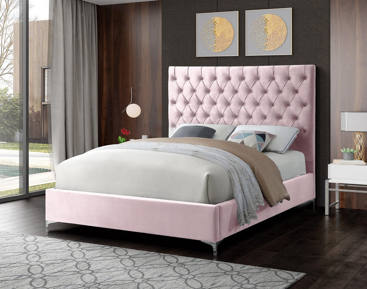 Meridian Furniture Cruz Pink Velvet Queen Bed