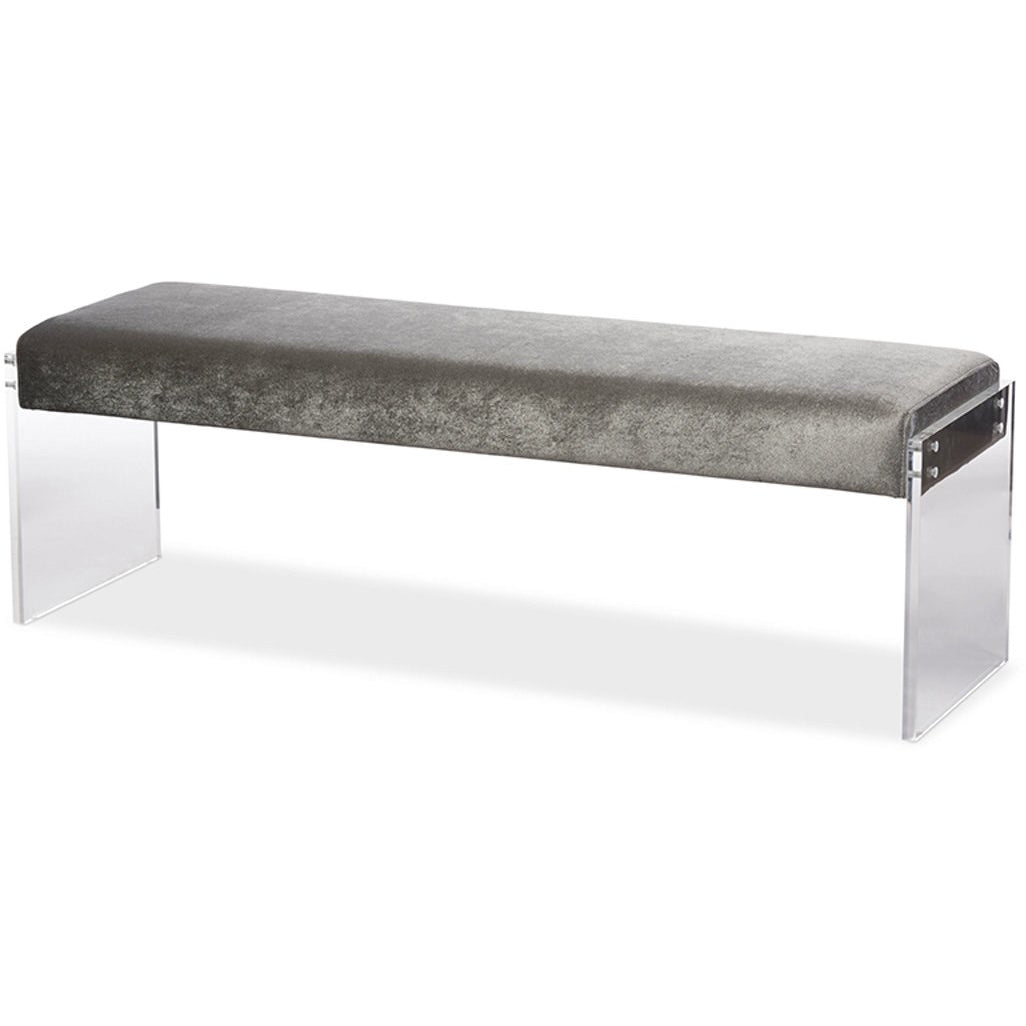 Baxton Studio Hildon Modern and Contemporary Grey Microsuede Fabric Upholstered Lux Bench with Paneled Acrylic Legs Baxton Studio-benches-Minimal And Modern - 2