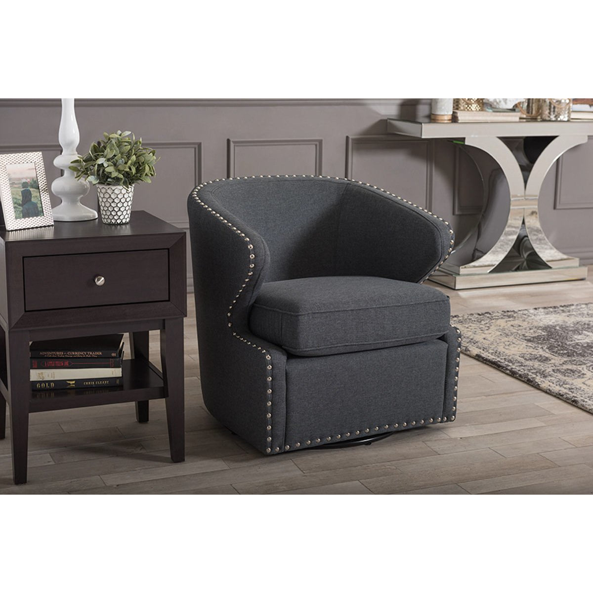 Baxton Studio Finley Mid-century Modern Grey Fabric Upholstered Swivel Armchair Baxton Studio-chairs-Minimal And Modern - 5