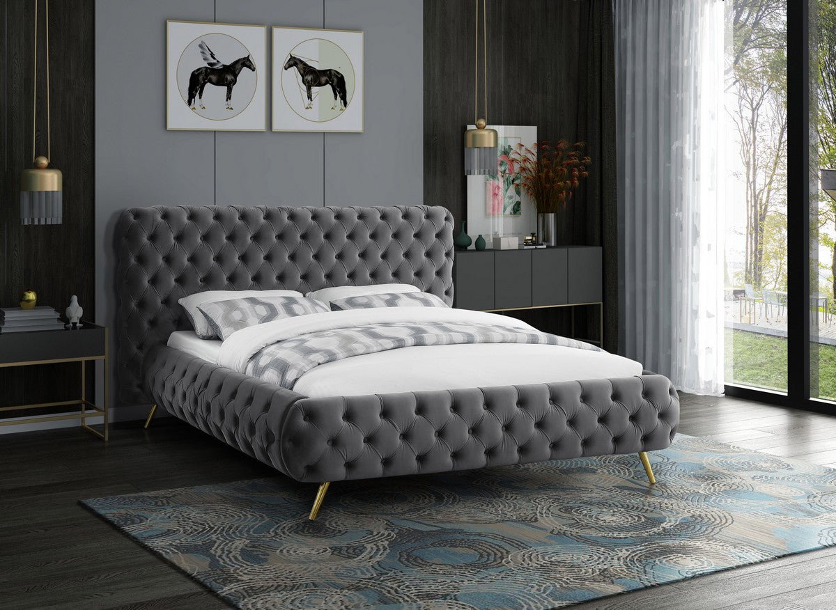 Meridian Furniture Delano Grey Velvet Queen Bed