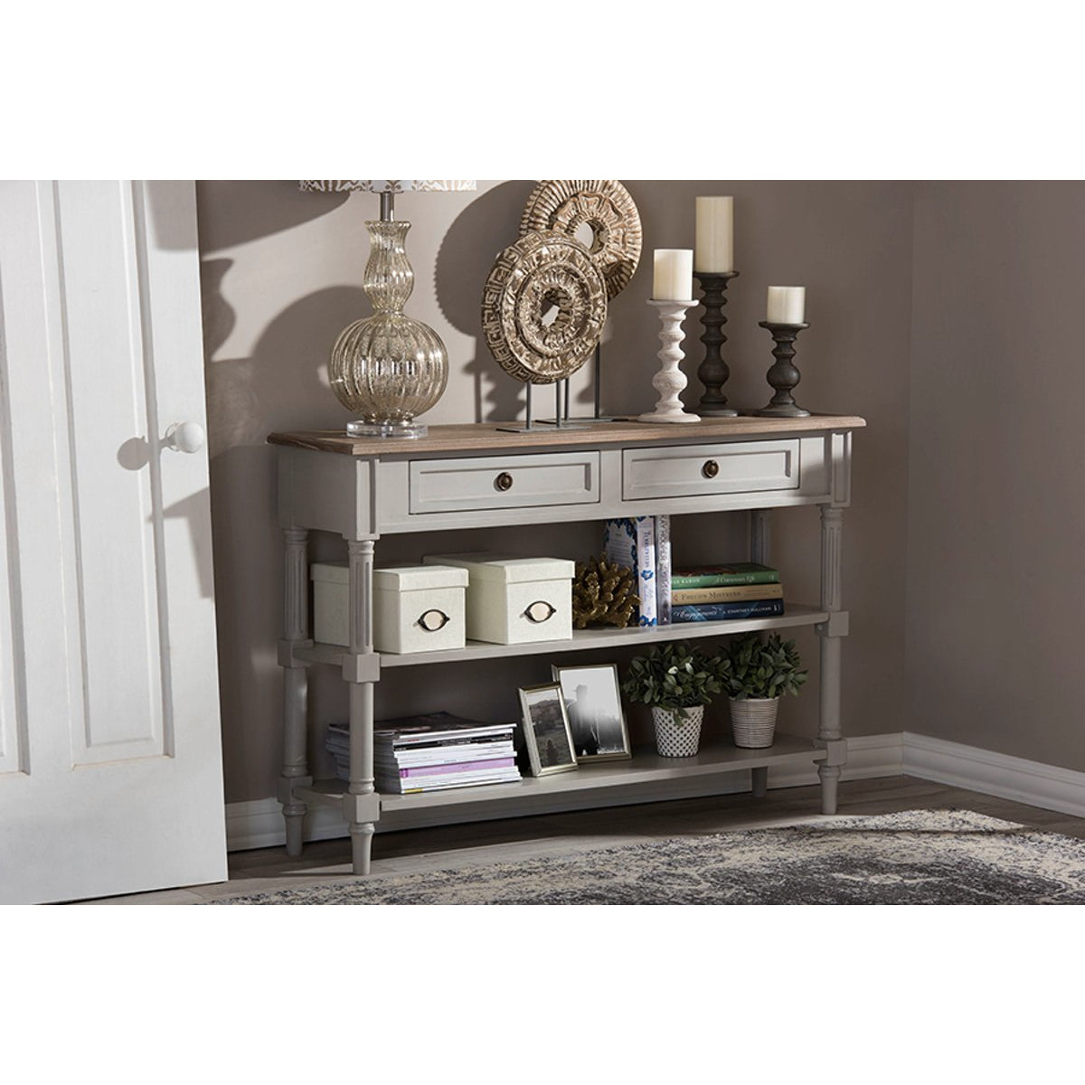 Baxton Studio Edouard French Provincial Style White Wash Distressed Two-tone 2-drawer Console Table Baxton Studio-side tables-Minimal And Modern - 4