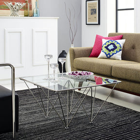 Modway Furniture Modern Glass Top and Metal Prism Square Coffee Table in Silver EEI-1437-SLV-Minimal & Modern