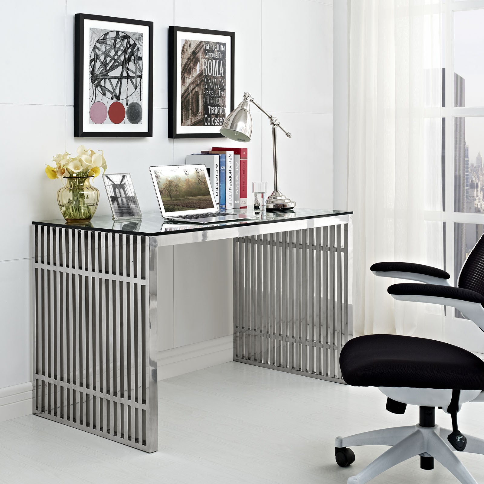 Modway Furniture Gridiron Stainless Steel Metal Modern Office Writing Desk EEI-1450-Minimal & Modern