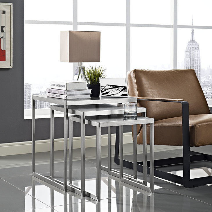 Modway Furniture Modern Rail Stainless Steel Nesting Table in Silver EEI-2099-SLV-Minimal & Modern